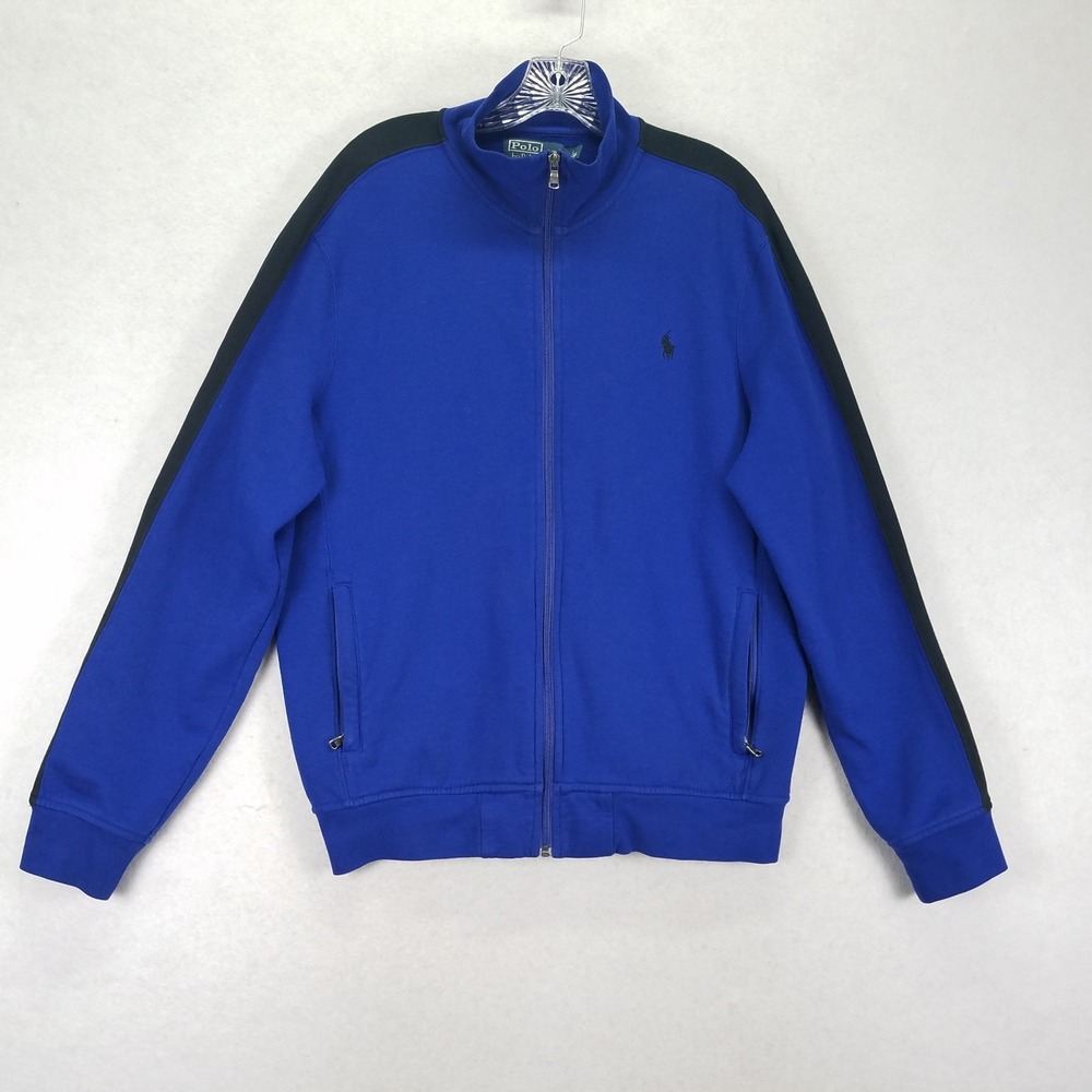 Vtg Polo Ralph Lauren Full Zip Jacket L Blue Black Track Sweatshirt Fleece Mens